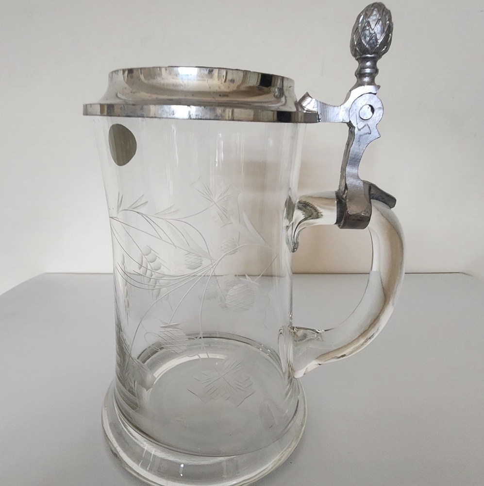 Vintage Etched German beer stein . Etched glass w/ Pewter Lid.